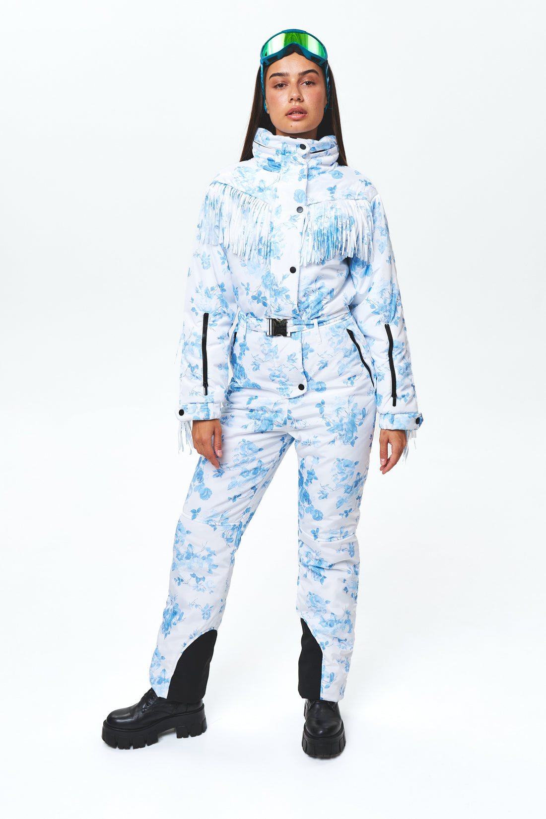 Floral ski suit ladies - BONA - White with blue - Fashion ski cowgirl outfit for winter bride mountain elopement