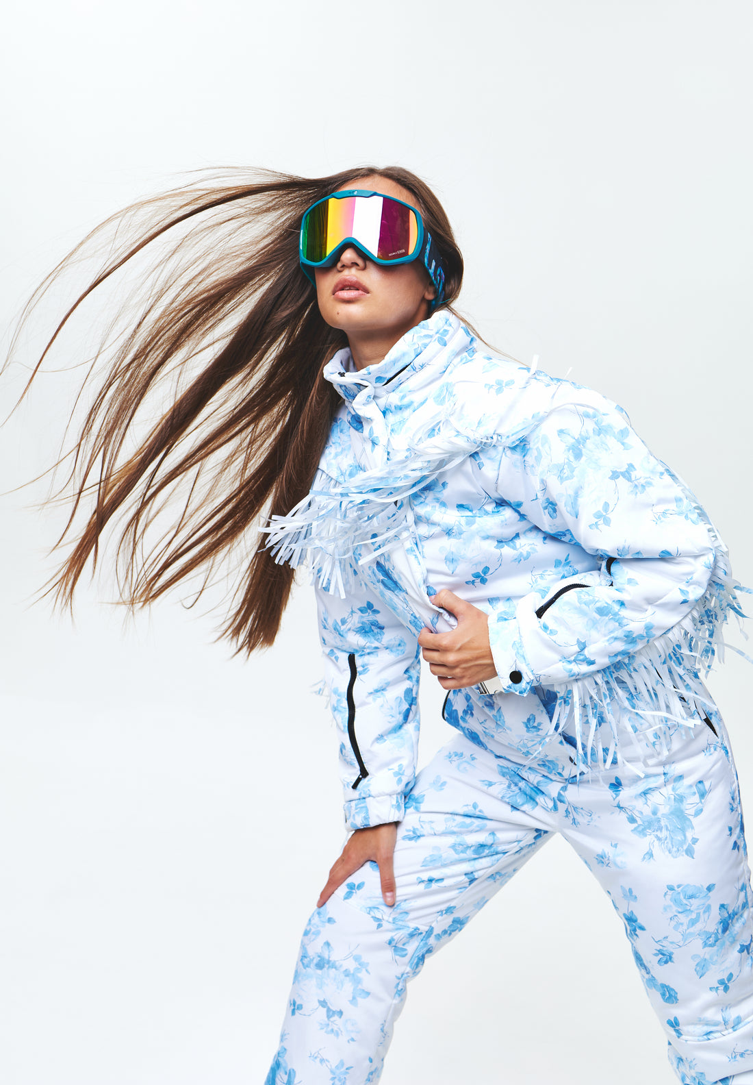 Floral ski suit ladies - BONA - White with blue - Fashion ski cowgirl outfit for winter bride mountain elopement