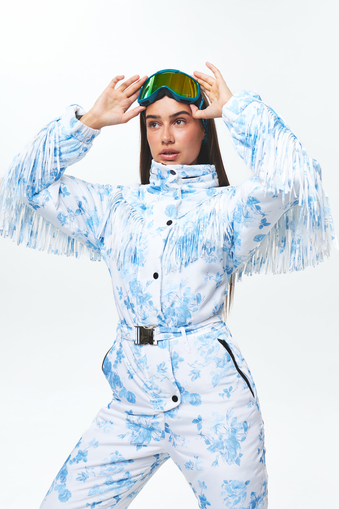Floral ski suit ladies - BONA - White with blue - Fashion ski cowgirl outfit for winter bride mountain elopement