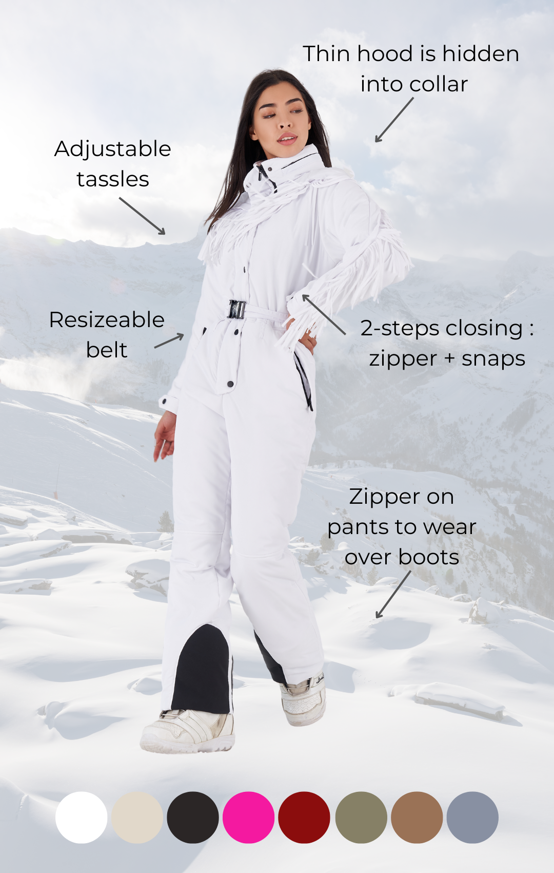Ski suit stylish - BONA - WHITE fringe - Snowsuit with tassels for winter sport