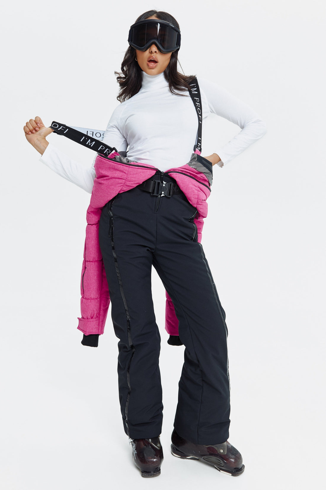 Pink ski suit GROFA - PINK & BLACK Woman bright skiing and snowboarding clothing for winter activewear adult snowsuit women