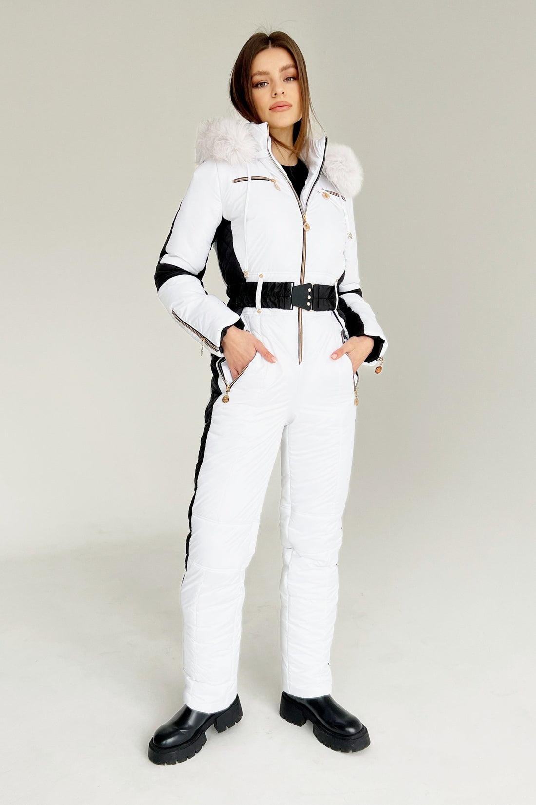 White ski suit DENALI - WHITE- with black side stripes snowsuit sport outfit