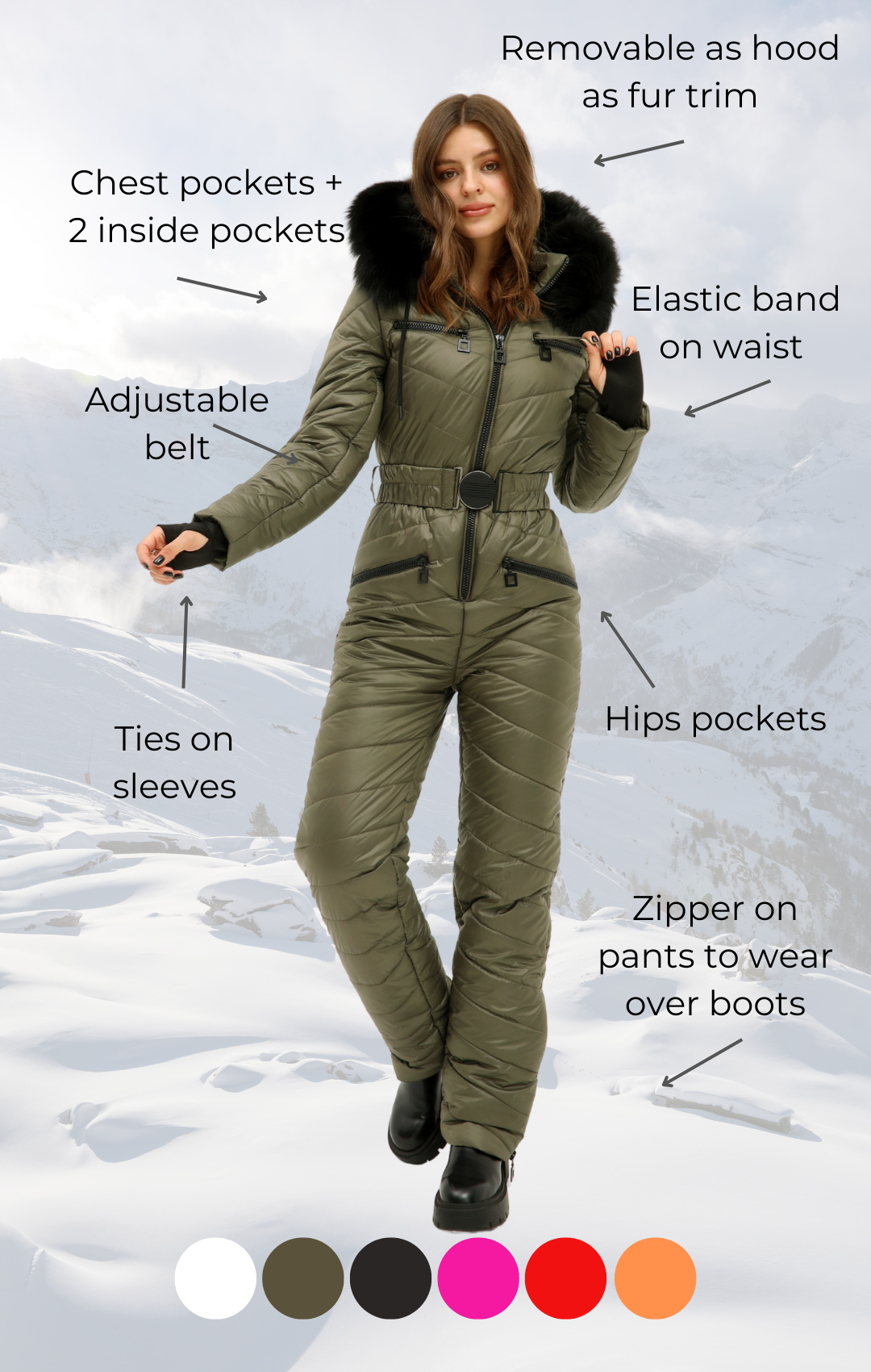 Olive one piece snow suit ELIAS - KHAKI winter ski clothes for women –  UpWearAndSuits