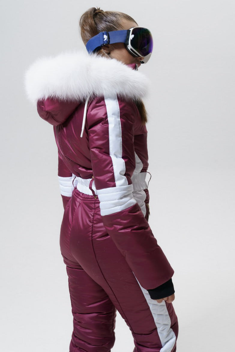 Winter overall ski suit DENALI - Burgundy - with WHITE side stripes snowsuit for winter woman