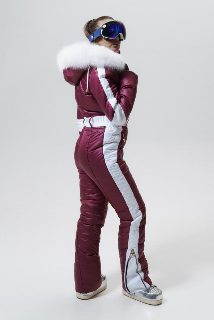 Winter overall ski suit DENALI - Burgundy - with WHITE side stripes snowsuit for winter woman