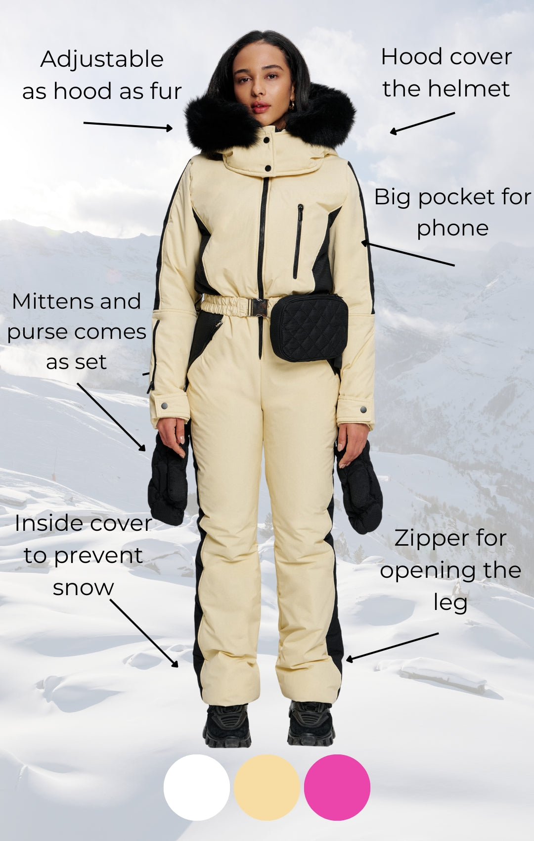 One piece ski jumpsuit for women Palmyra - White Women's ski suit with hood and fur