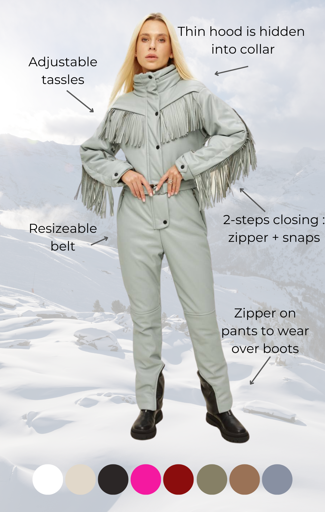 Ski suit with tassles - BONA - GRAY - Weatern snowsuit for winter outfit ski vacation