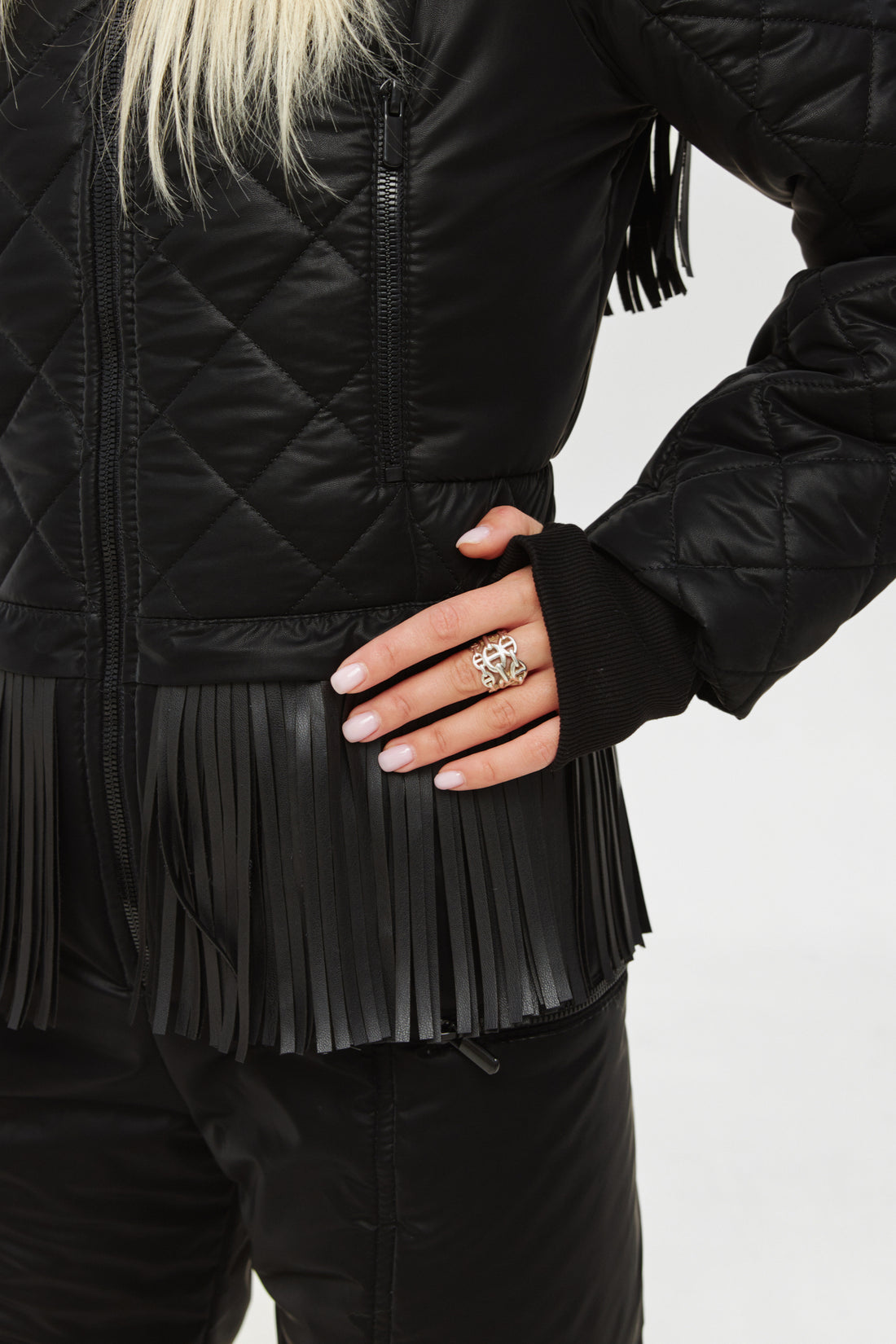 Black ski suit LOGAN - BLACK fringe - Western style winter snowsuit one piece for women
