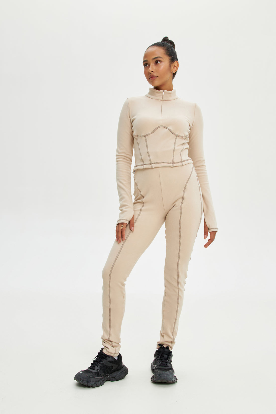 Womens base layer clothing - Beige two piece set long johns - Womens thermal tops