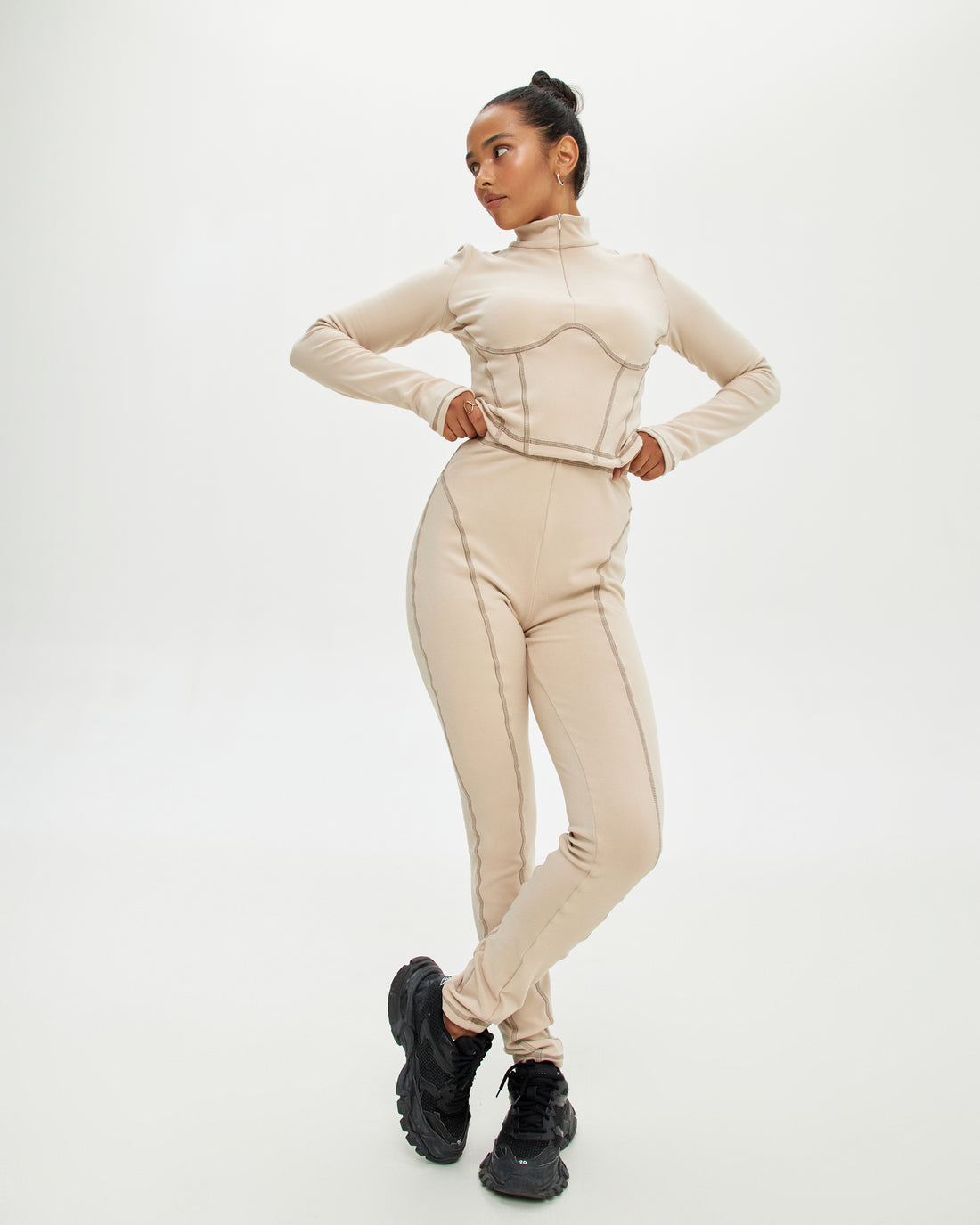 Womens base layer clothing - Beige two piece set long johns - Womens thermal tops