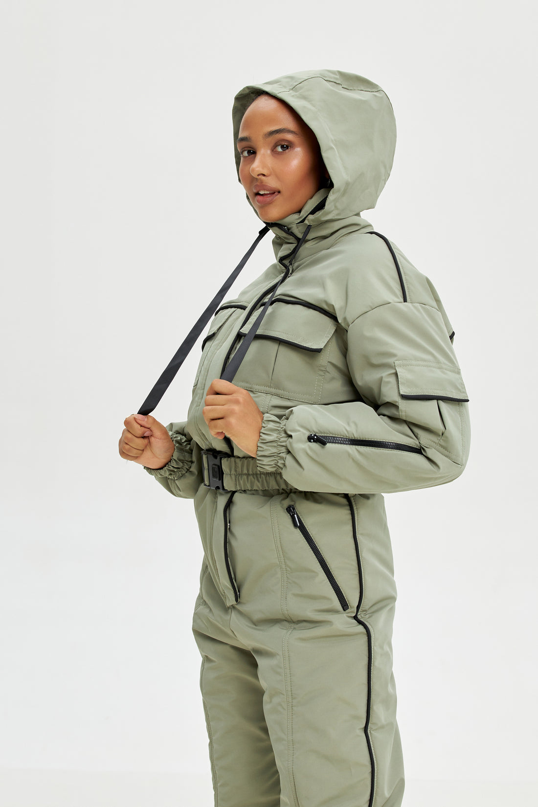 Olive ski suit BLANC - OLIVE with black edging - Full body snowsuit woman for winter sport activewear