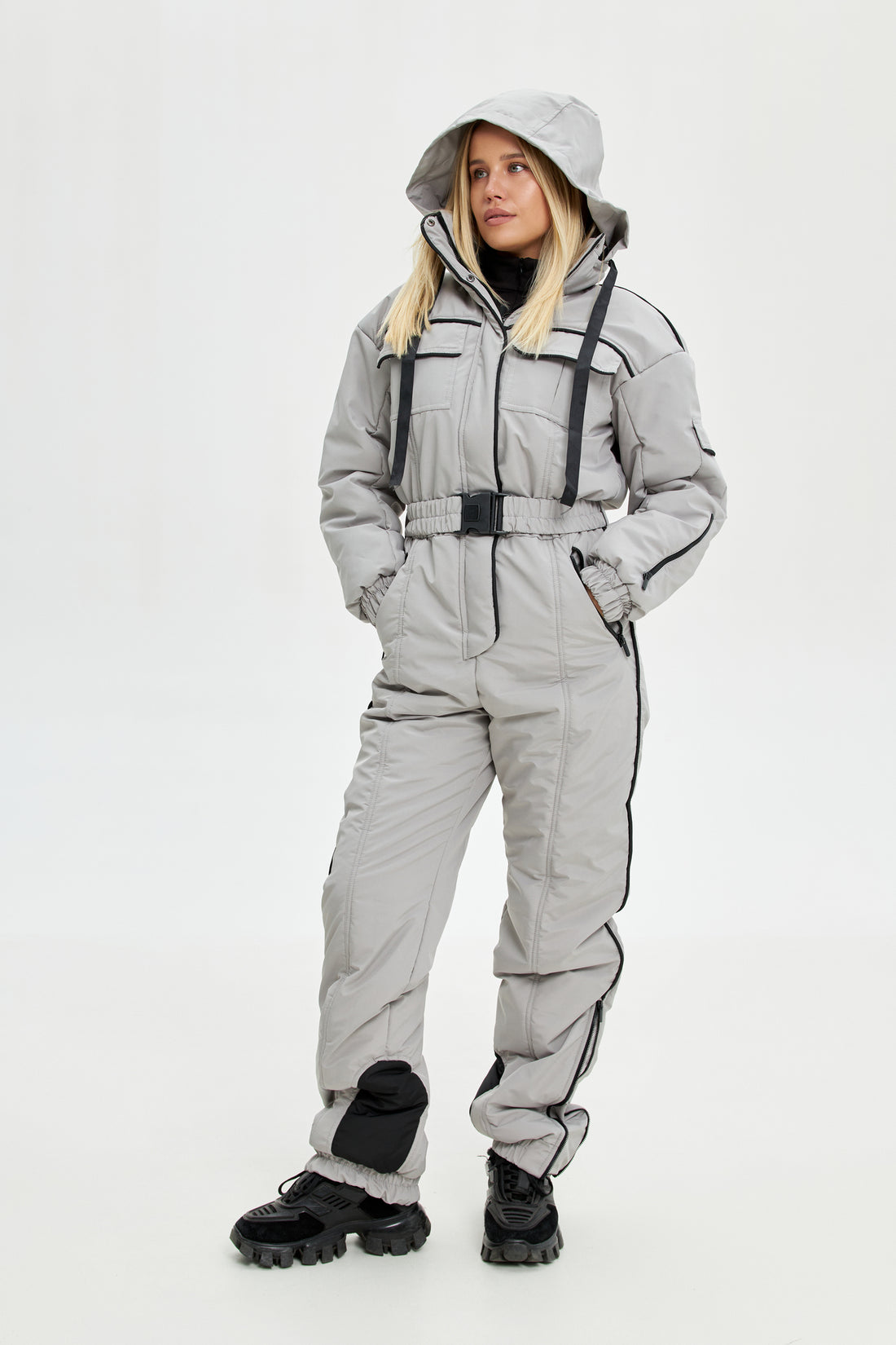 Gray ski suit BLANC - GRAY with black edging - Womens ski jacket with ski pants one piece outfit