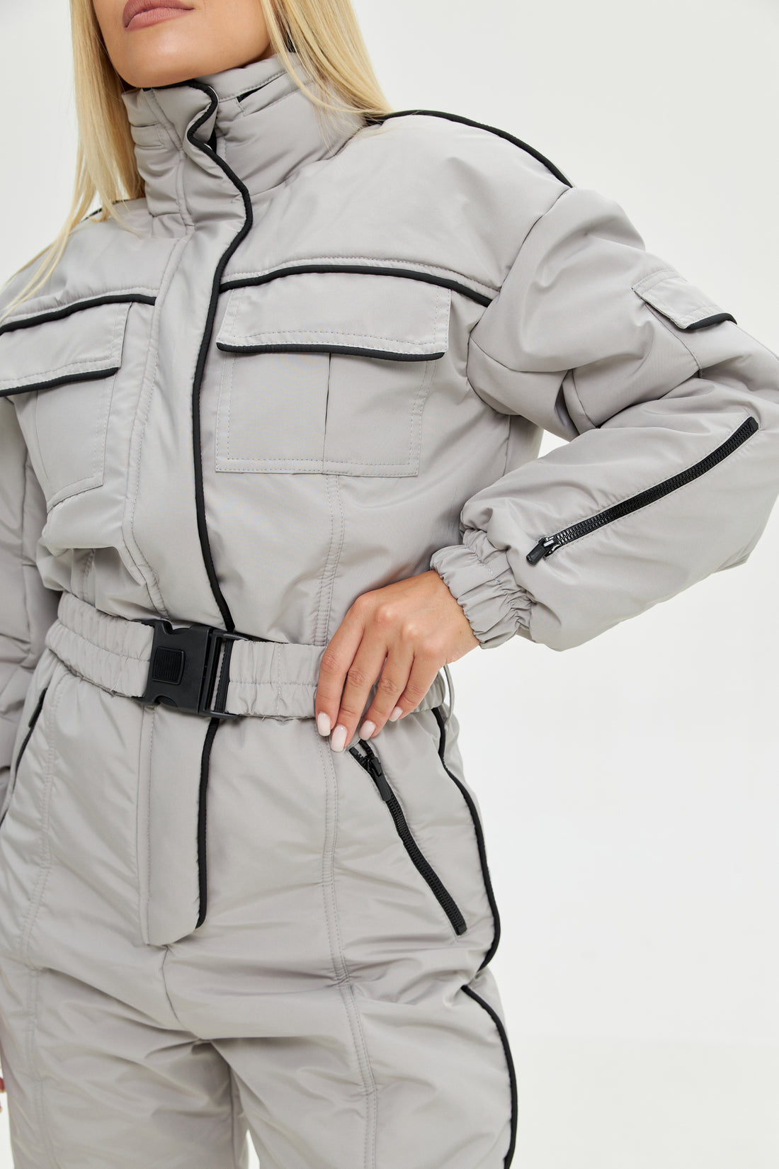 Gray ski suit BLANC - GRAY with black edging - Womens ski jacket with ski pants one piece outfit