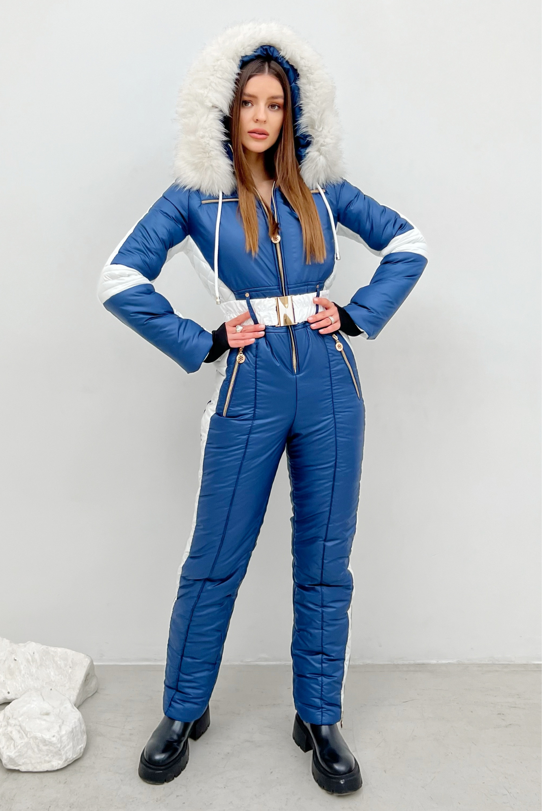 Woman onsie for winter DENALI - Navy blue - White classic ski suit