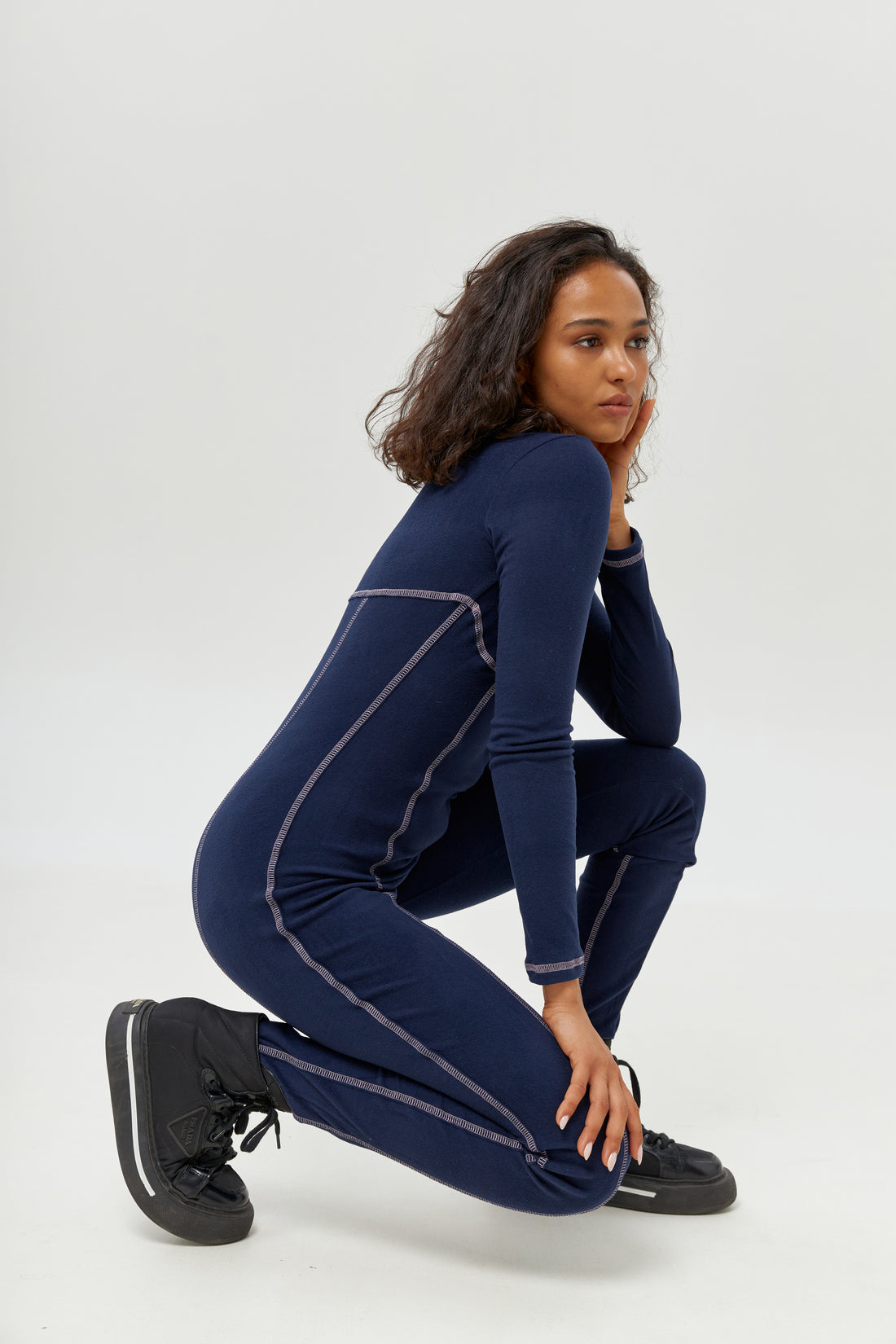 Base layer black jumpsuit - Thermal underwear navy blue one piece - Long johns for women