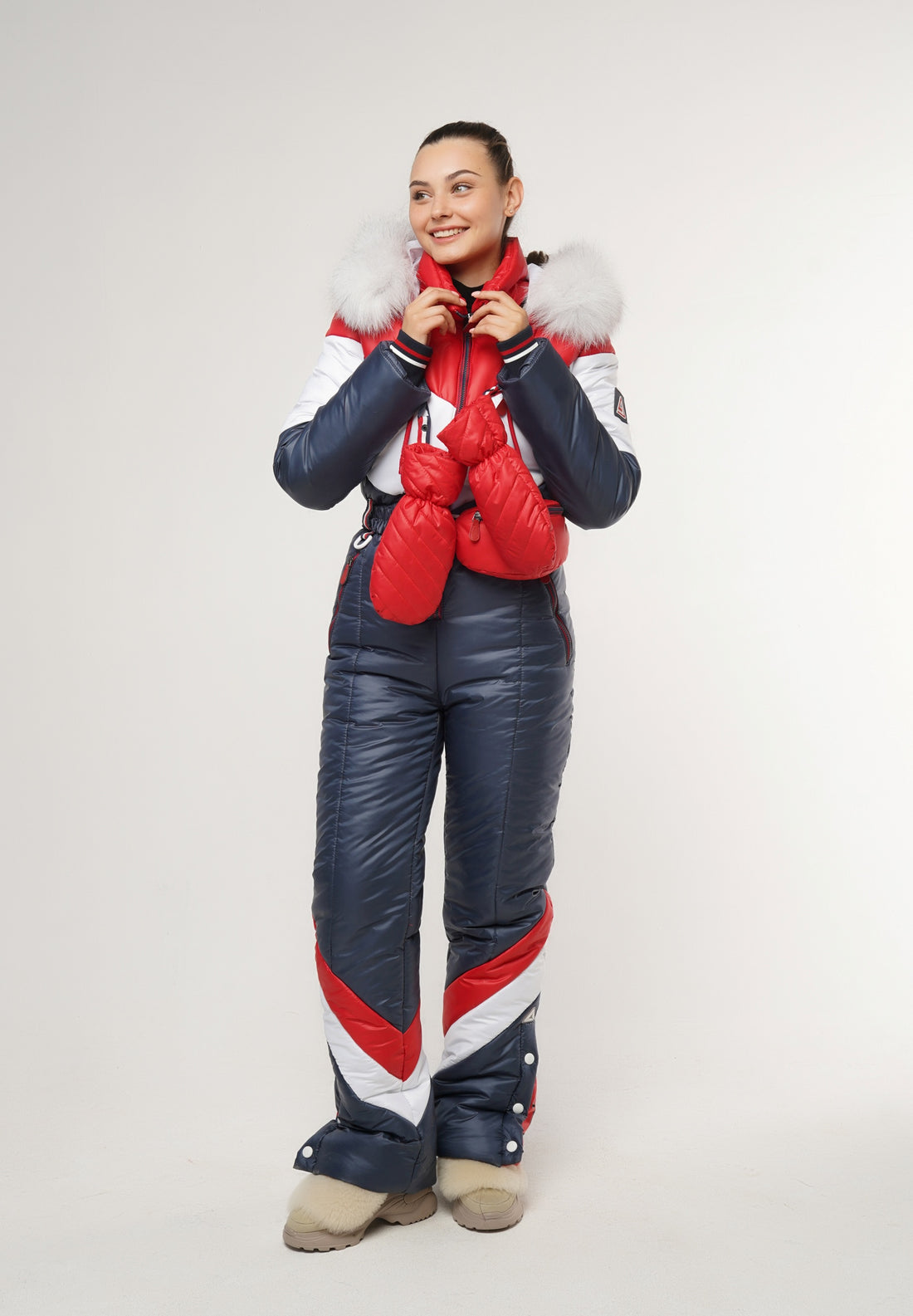 RED BLUE SKI SNOW SUIT ELBERT - WINTER WARM JUMPSUIT WITH MITTENS AND BAG