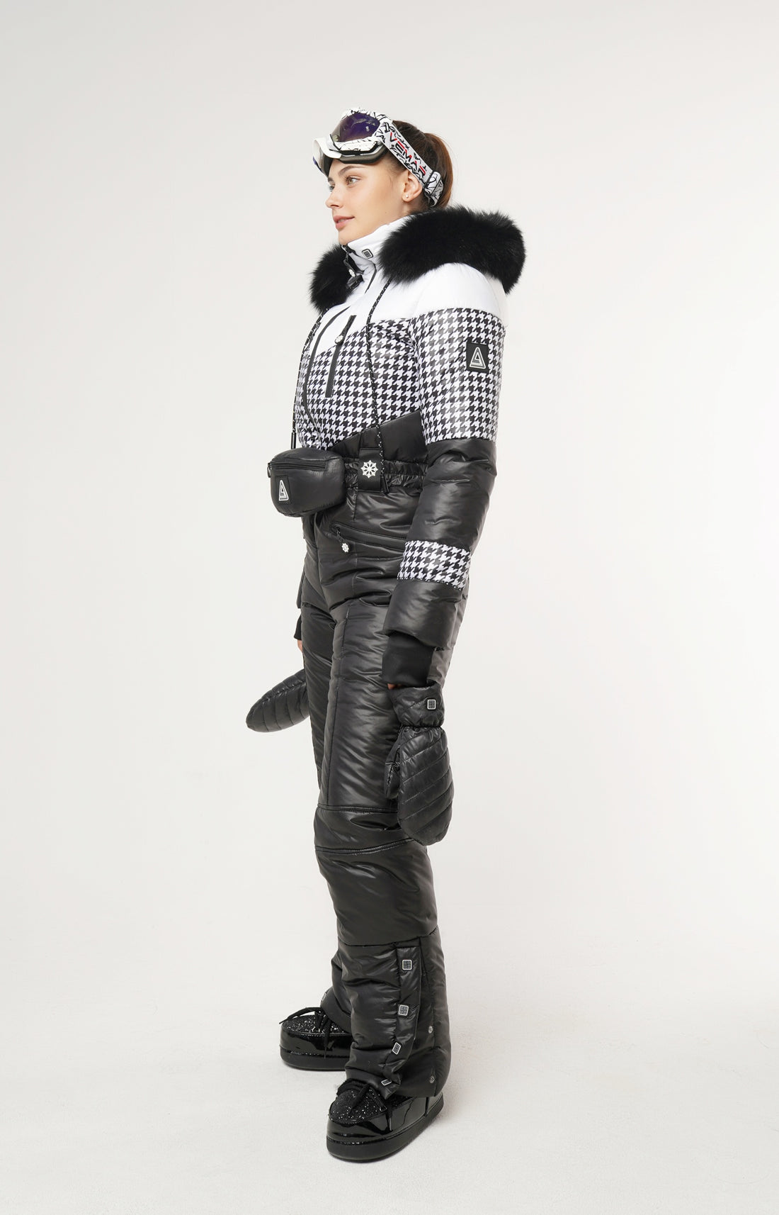 HOUNDSTOOTH INSERTS SKI SNOW SUIT ELBERT - WINTER WARM JUMPSUIT WITH MITTENS AND BAG