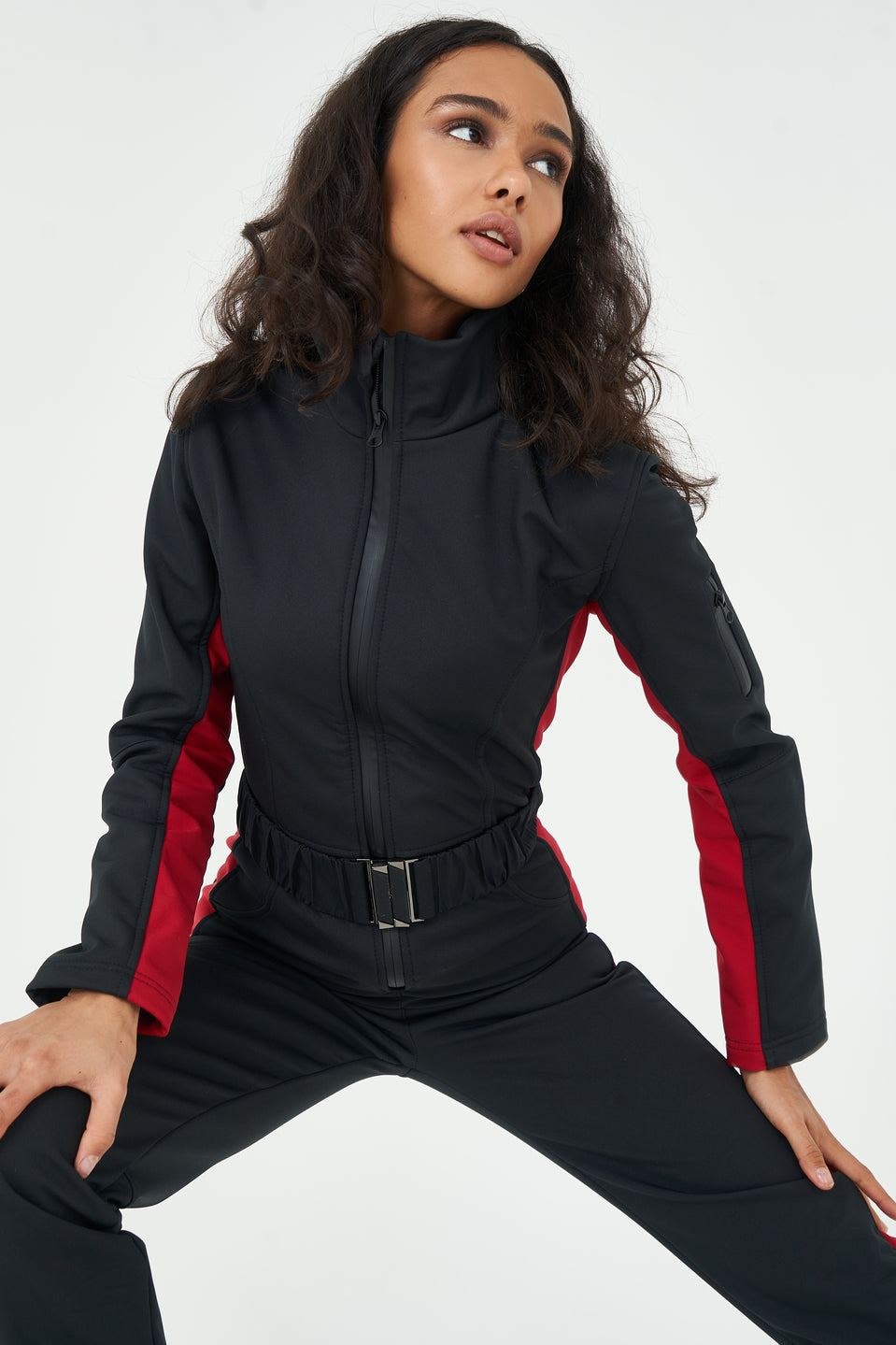 Ski suit slim fit REMBRA - Black with red stripes skinny ski jumpsuit for woman