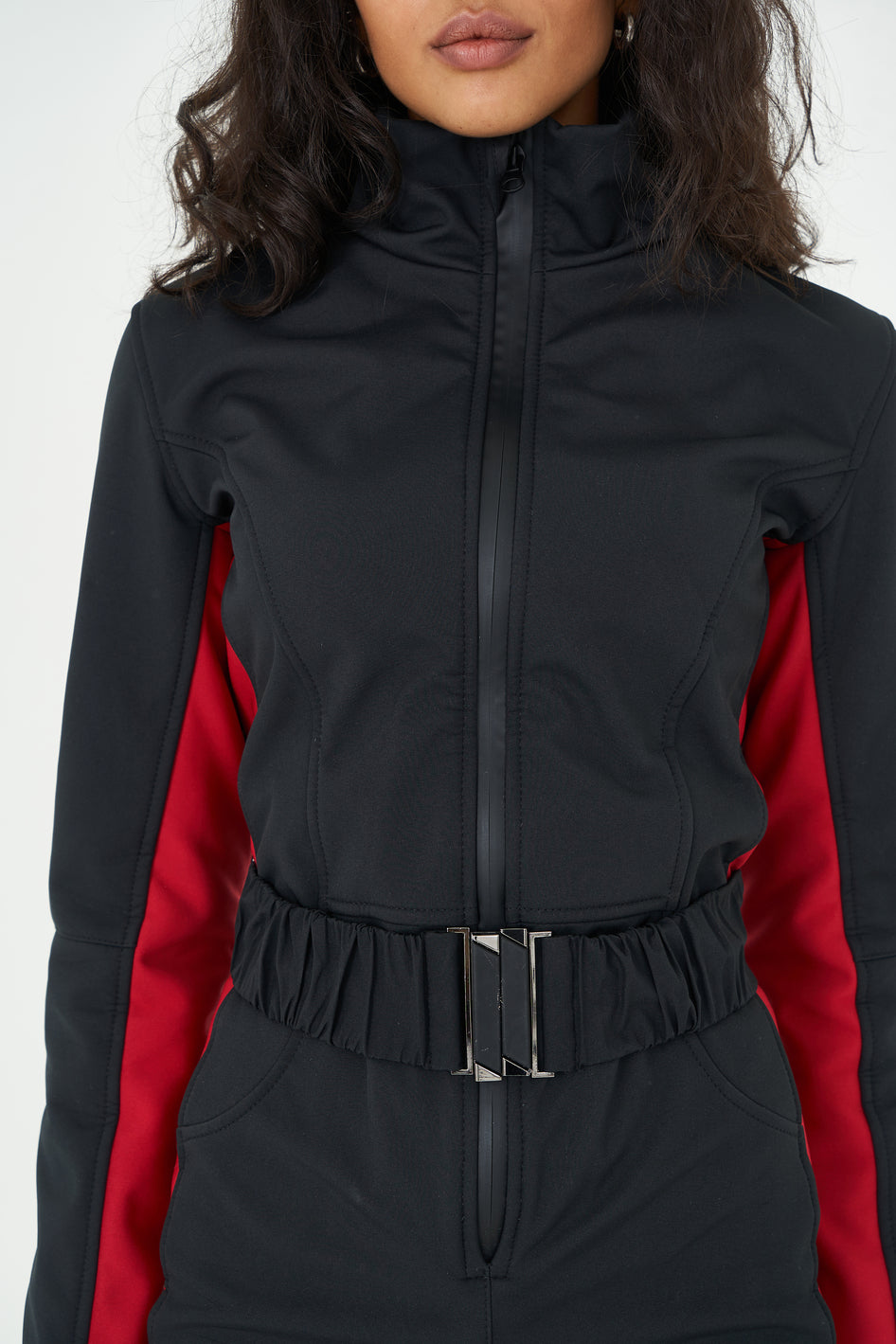 Ski suit slim fit REMBRA - Black with red stripes skinny ski jumpsuit for woman