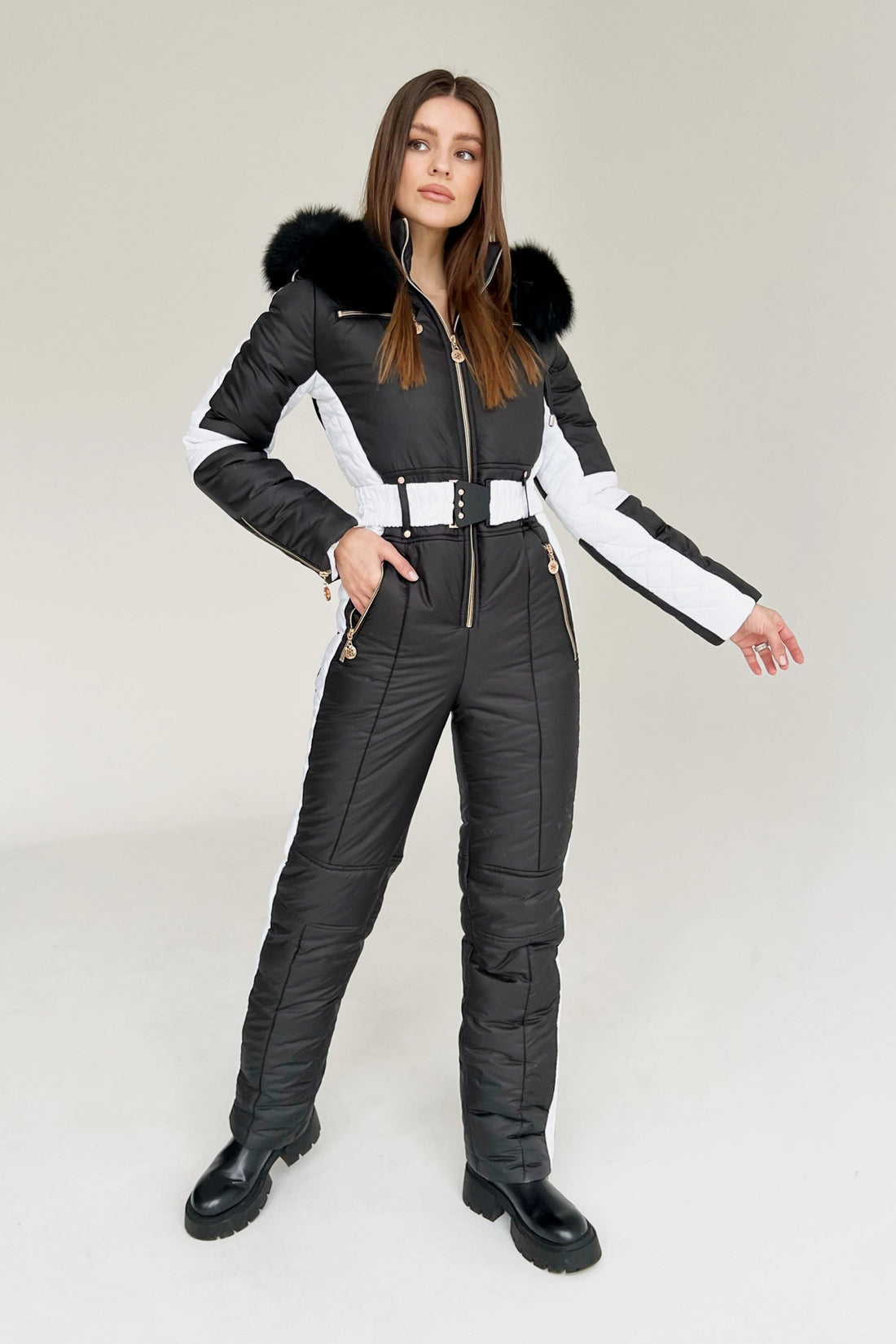 Black ski suit DENALI - BLACK - with WHITE side stripes snowsuit for winter woman