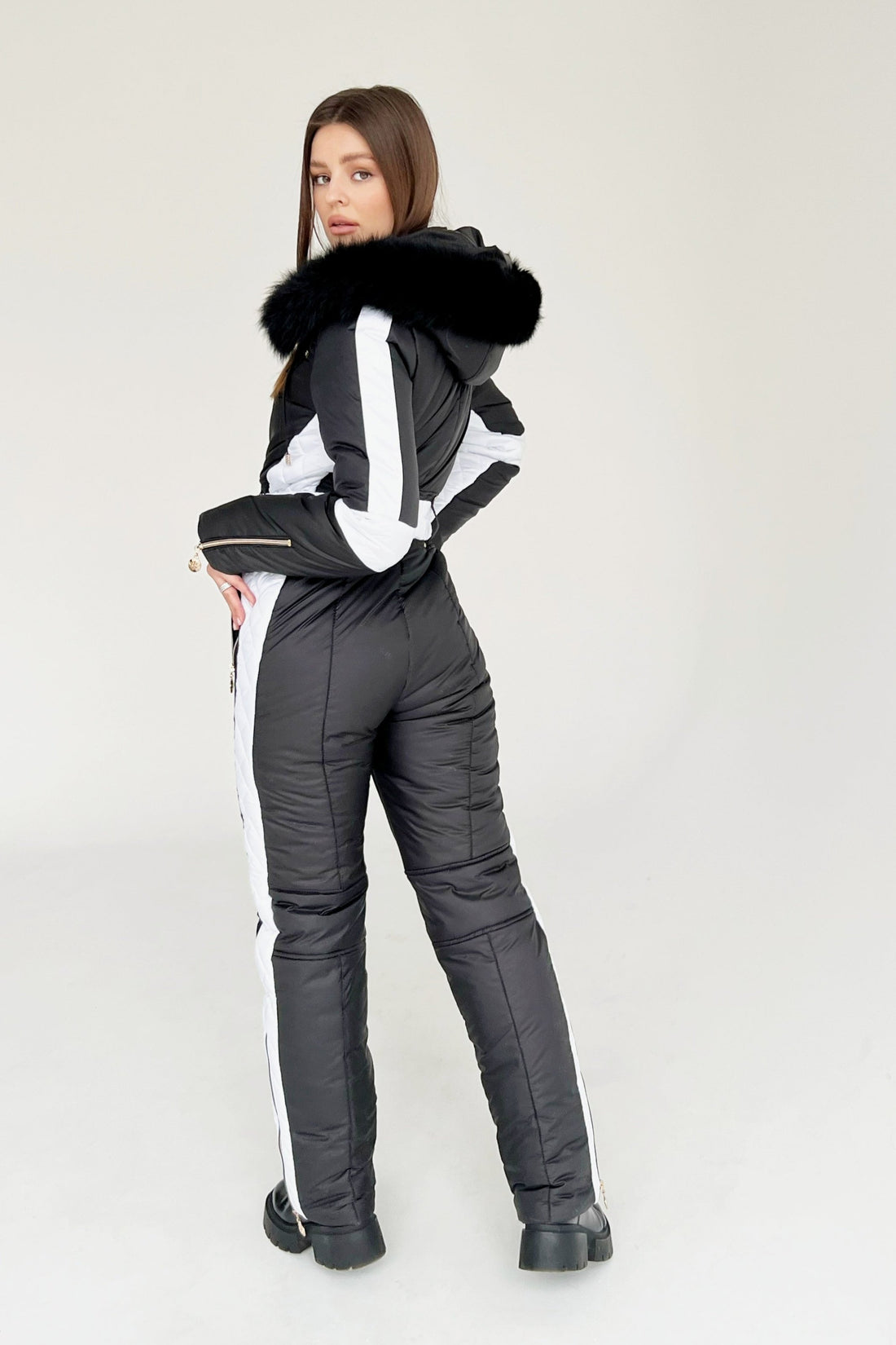 Black ski suit DENALI - BLACK - with WHITE side stripes snowsuit for winter woman