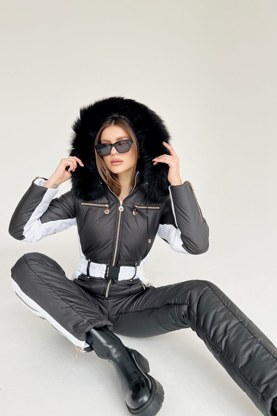 Black ski suit DENALI - BLACK - with WHITE side stripes snowsuit for winter woman