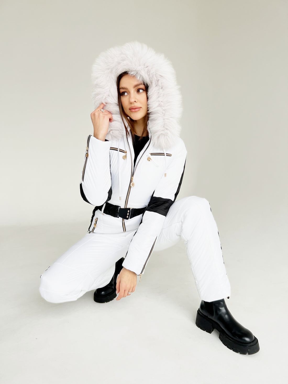 White ski suit DENALI - WHITE- with black side stripes snowsuit sport outfit