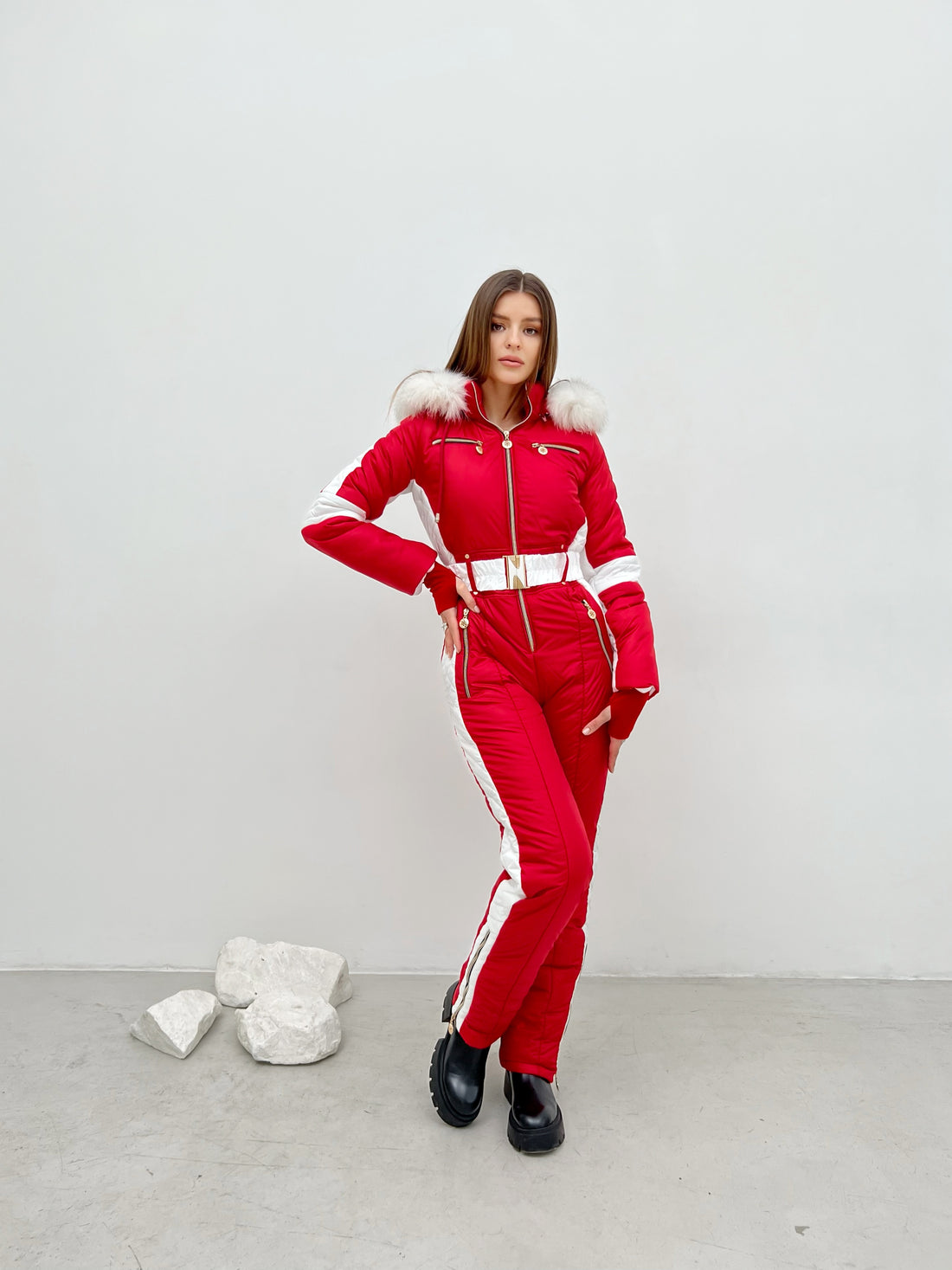 Bright ski one piece DENALI - RED-WHITE inserts on side jumpsuit