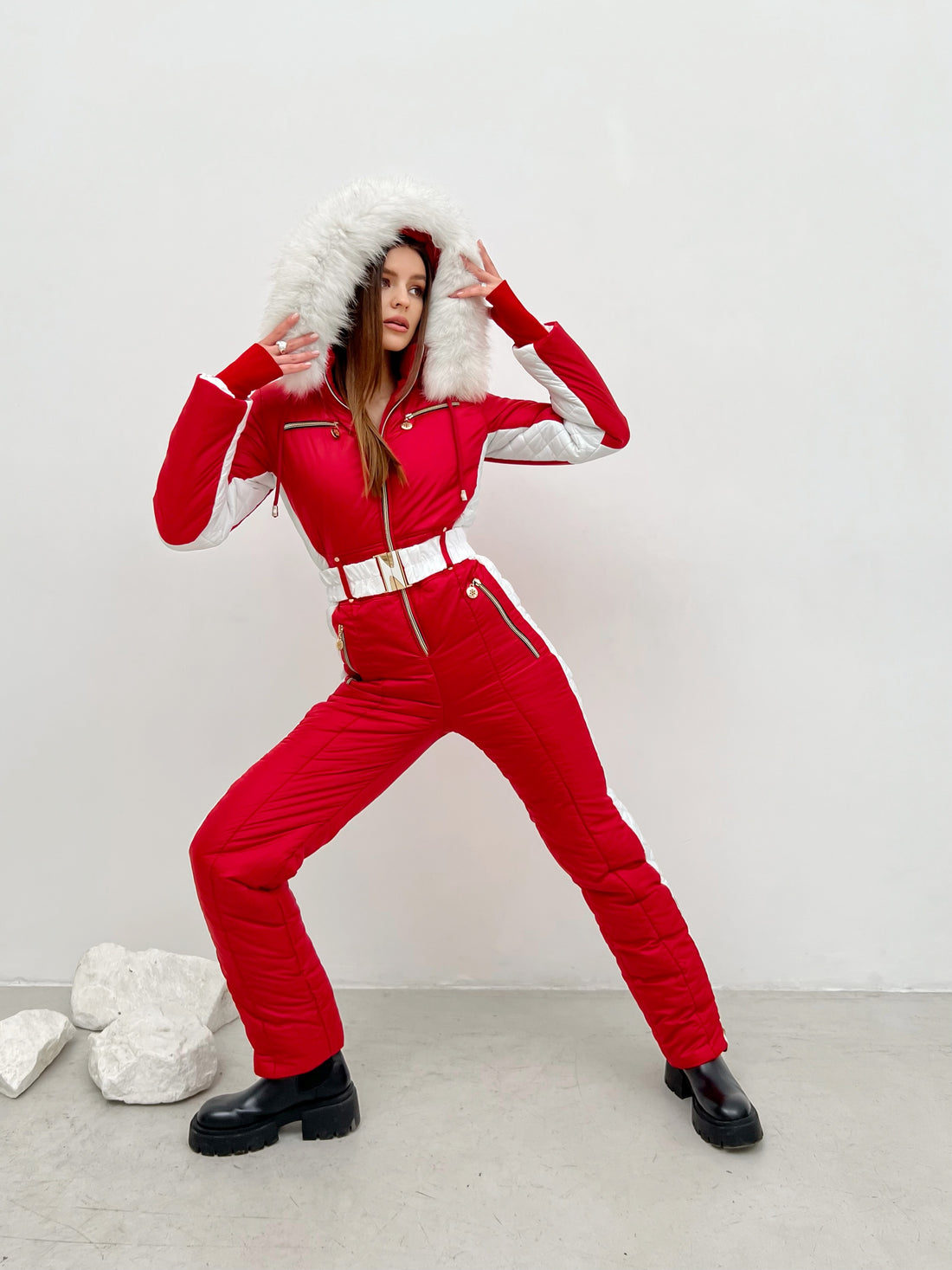 Bright ski one piece DENALI - RED-WHITE inserts on side jumpsuit