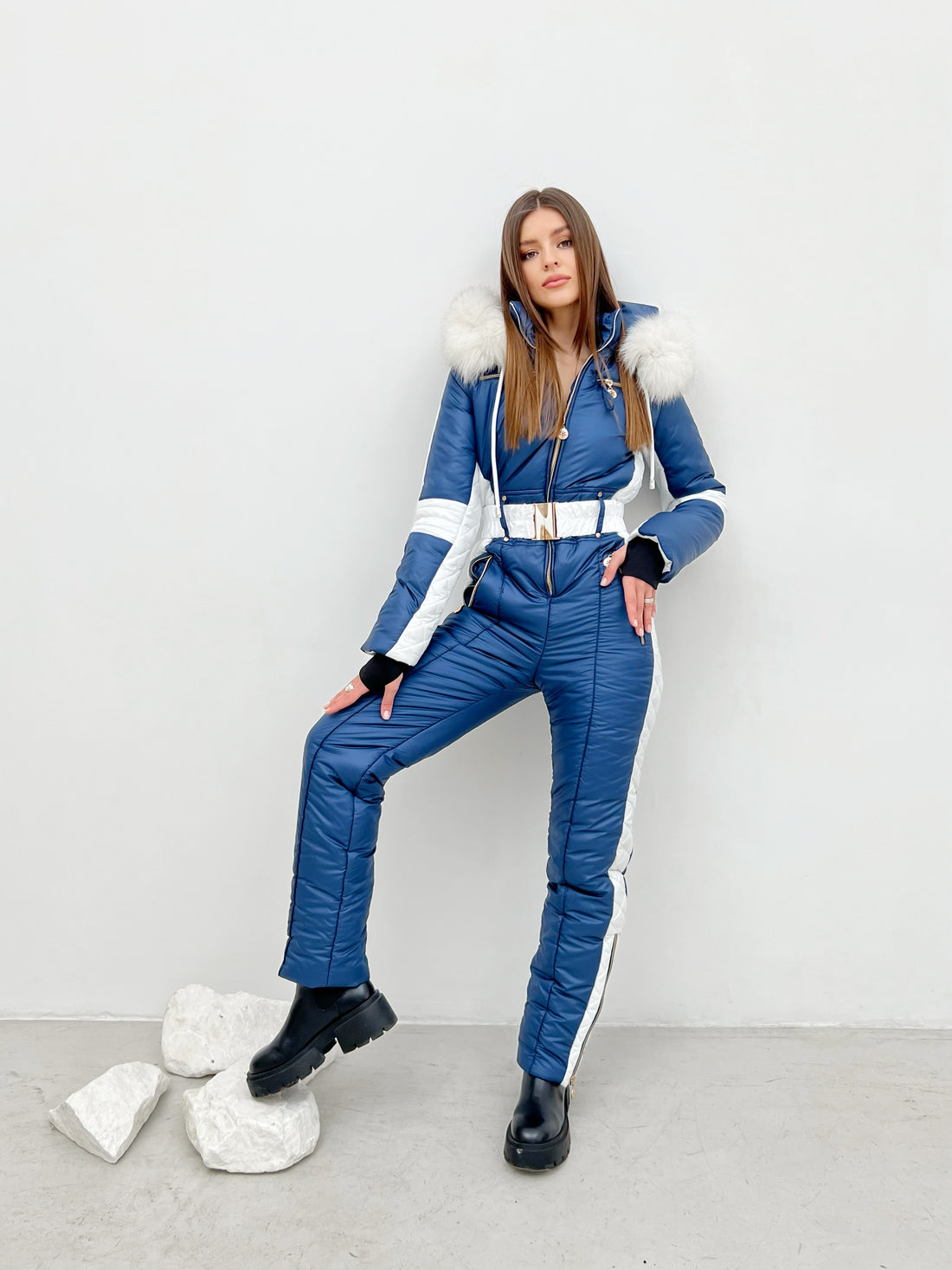 Woman onsie for winter DENALI - Navy blue - White classic ski suit